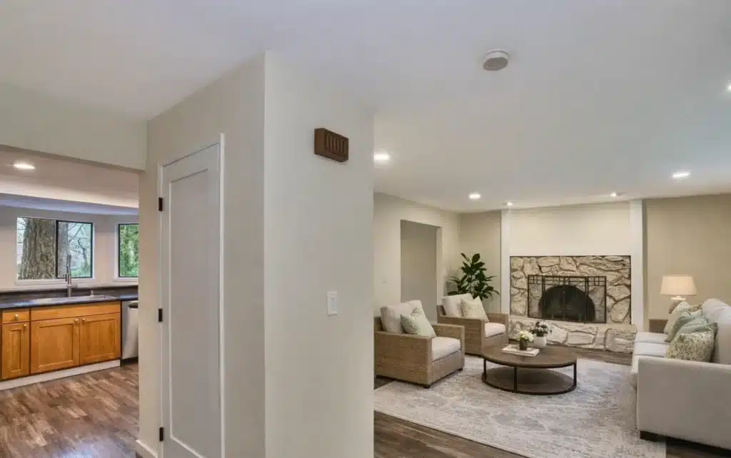 Interior House Painting for Living Rooms and Open Concept Spaces Freshly painted living room and adjoining kitchen with light neutral walls